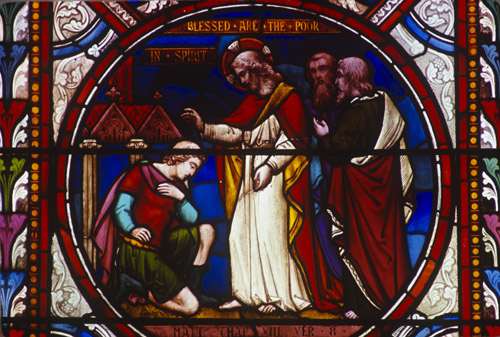 Christ cures the Centurions servant, 19th century stained glass, Lincoln Cathedral, Lincolnshire, England, Great Britain
