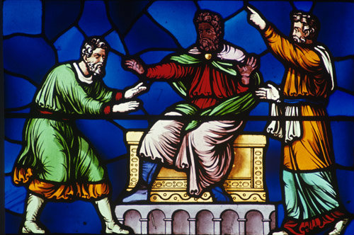 St Paul blinds the magician Elymas in Cyprus Lincoln Cathedral 19th century