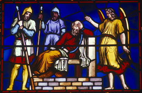 St Peter in prison, 19th century stained glass, Lincoln Cathedral, Lincolnshire, England, Great Britain