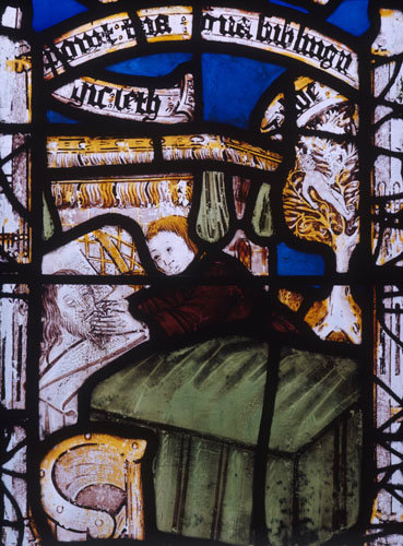 The Death of Adam 16th century detail from the Creation Window St Neot Church