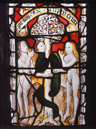 Temptation of Adam and Eve, Church of St Neot, sixteenth century, Cornwall, England