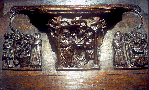 Misericord of St Werburgh restoring the goose to life, fourteenth century, Chester Cathedral, Cheshire