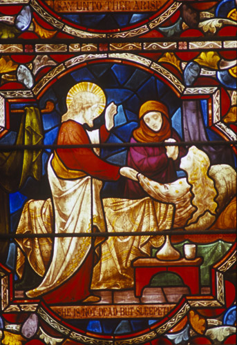 Jesus raising Jairus daughter, 19th century stained glass, Lincoln Cathedral, Lincolnshire, England, Great Britain