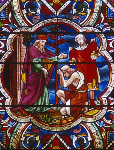 Return of the Prodigal Son, 19th century stained glass,  Lincoln Cathedral, Lincolnshire, England, Great Britain