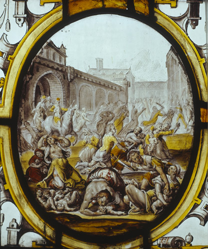 Massacre of the Innocents 17th century Dutch stained glass, Church of St Mary, Bishopsbourne, Kent, England, Great Britain