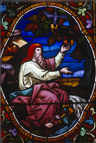 Elijah fed by the ravens, 19th century stained glass,  Lincoln Cathedral, Lincolnshire, England, Great Britain