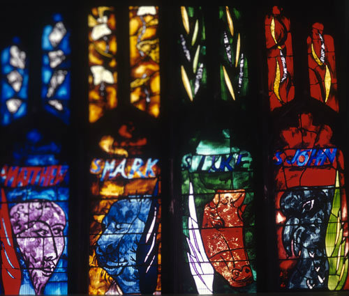 Symbols of the Evangelists, detail, 1961, designed by John Piper, made by Patrick Reyntiens, All Hallows Church, Wellingborough, Northamptonshire, England