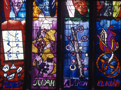 Symbols of the Prophets, detail, 1961, designed by John Piper, made by Patrick Reyntiens, All Hallows Church, Wellingborough, Northamptonshire, England