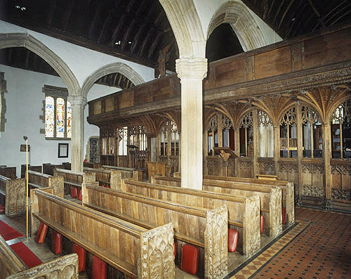 Church of St Thomas of Canterbury, interior of nave, Northlew, Devon, England