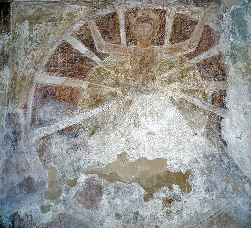 St George upon the wheel, twelfth century wall painting, St Botolph