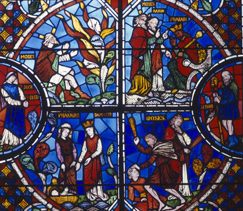 Four scenes from the Moses window, 19th century stained glass,  Lincoln Cathedral, Lincolnshire, England, Great Britain