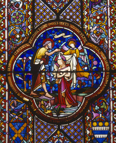 Baptism of Christ, detail of 19th century stained glass window by Heaton, Butler and Bayne in St Albans Cathedral and Abbey Church, Hertfordshire, England, Great Britain