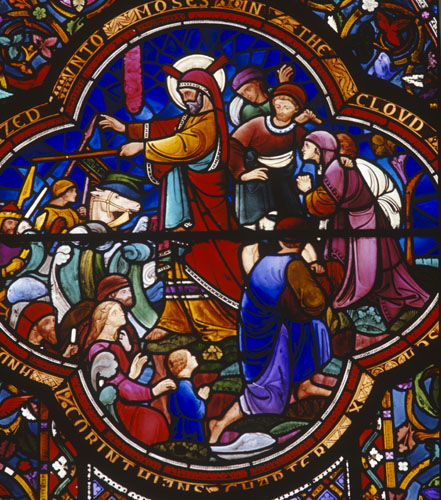 Crossing of the Red Sea, 19th century stained glass, St Albans Cathedral and Abbey Church, Hertfordshire, England, Great Britain