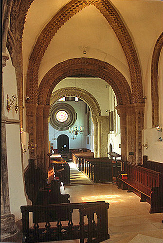 Church of St Mary the Virgin, built 1160-1230, carved stone arches seen from baptistery, Iffley, Oxfordshire, England