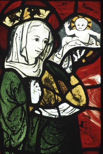 Virgin and child, 14th century stained glass, Church of St Mary, Stowting, Kent, England, Great Britain