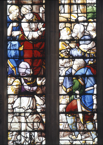 St Paul and St Barnabas at Lystra, priest bringing oxen to be sacrificed, stained glass 1526-1531, Kings College Chapel, Cambridge, Cambridgeshire, England, Great Britain