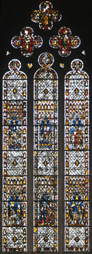 York Minster the Bell Founders window lower left shows tuning the bell,  middle shows presention of  the Bell to St William, right shows the casting of the bell