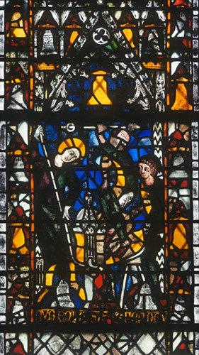 York Minster detail of the Bell Founders window lower right panel casting a Bell 14th century stained glass
