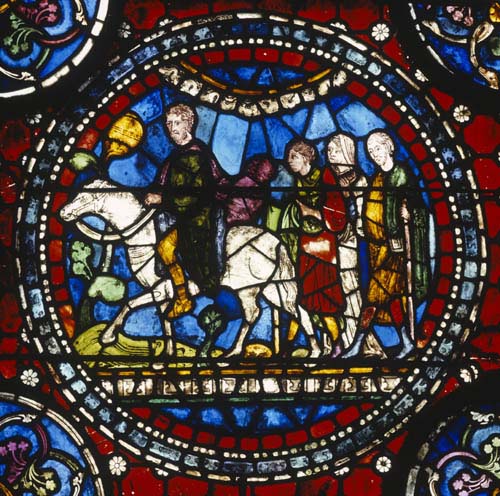 Pilgrims on the road to Canterbury, 13th century stained glass, Trinity Chapel, Canterbury Cathedral, Kent, England, Great Britain