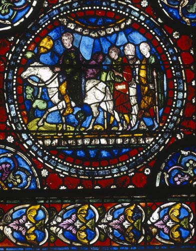 Pilgrims on the road to Canterbury, 13th century roundel, south aisle, Trinity Chapel, Canterbury Cathedral, Kent, England, Great Britain