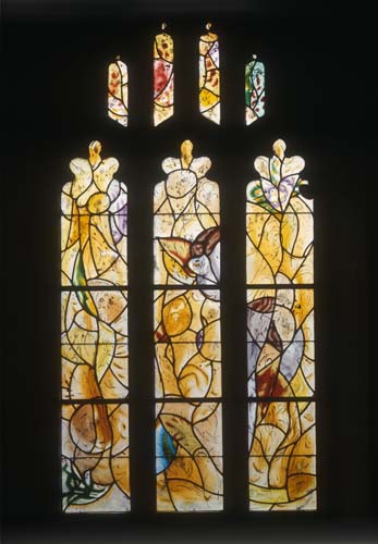 Yellow 1963 stained glass window, by Marc Chagall, Church of All Saints, Tudeley, Kent, England, Great Britain