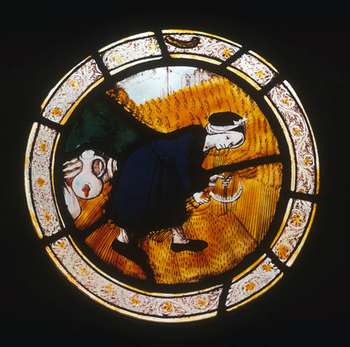 Labours of the months, woman with a sickle, possibly August, from Brandiston Hall Norfolk 16th century stained glass by Norwich School ca 1500