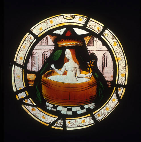 Labours of the months, maiden in her bath, possibly May or June, from Brandiston Hall Norfolk 16th century stained glass roundel by Norwich School ca 1500 now in the Victoria and Albert Museum
