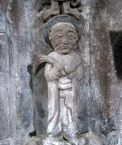 Figure of apostle on chancel arch, twelfth century, Church of SS Mary and David, Kilpeck, Herefordshire, England