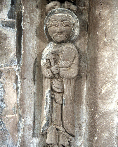 Figure carved on east jamb of south doorway, twelfth century, Church of SS Mary and David, Kilpeck, Herefordshire, England