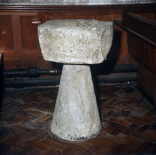 Square font with tapering bowl of Sussex marble, St Mary the Virgin