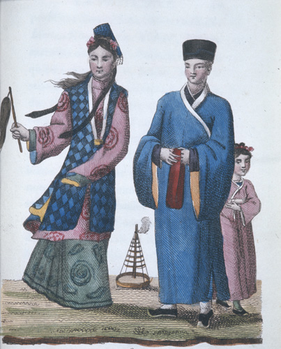 Chinese nuns, one shaven headed, other, unqualified and not shaven (left), Chinese engraving, 1811 from La Chine en miniature by J B J Breton de la Martiniere