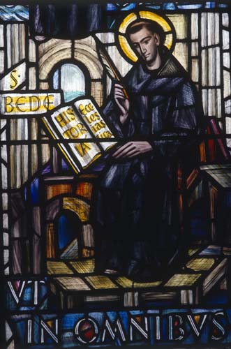 Venerable Bede, 20th century stained glass, Norwich Cathedral, Norfolk, England, Geat Britain