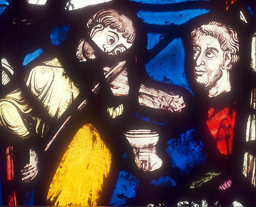 Musician, detail of feast celebrating return of  prodigal son, thirteenth century lancet, south transept, Lincoln Cathedral, England