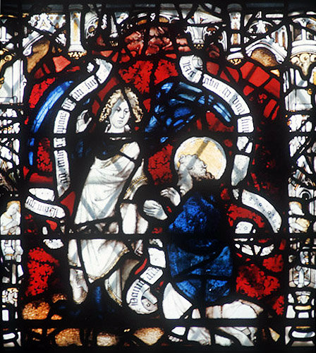St John fobidden to worship the angel, Book of Revelations, 1405-1408, Great East window, York Minster, Yorkshire, England