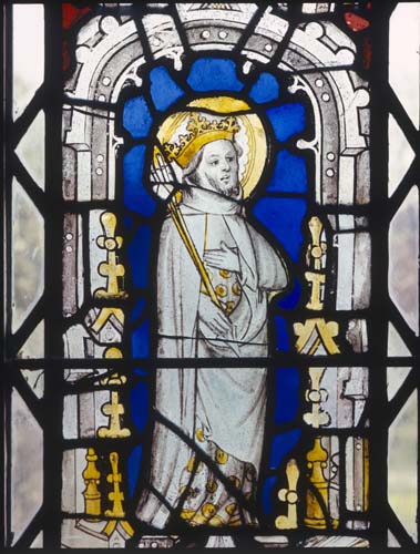 St Edmund the King, 15th century stained glass panel, Church of St Mary, Stoke d