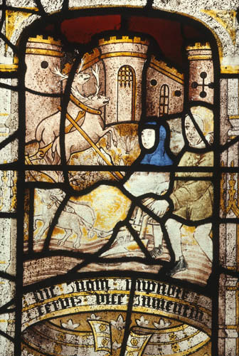 Man and boy ploughing the glebe with stags, St Neot window, sixteenth century, Church of St Neot, Cornwall, England