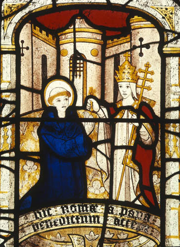 St Neot receives papal blessing, St Neot window, sixteenth century, Church of St Neot, Cornwall, England