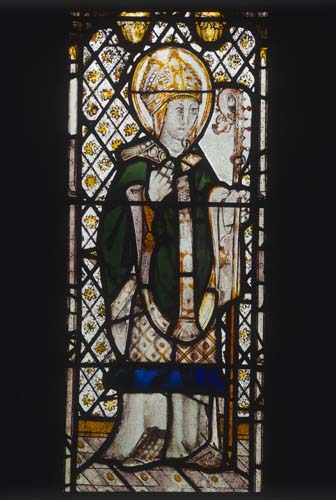 St Patrick, 16th century stained glass, Young Womans Window, Church of St Mary, St Neot, Cornwall, England, Great Britain