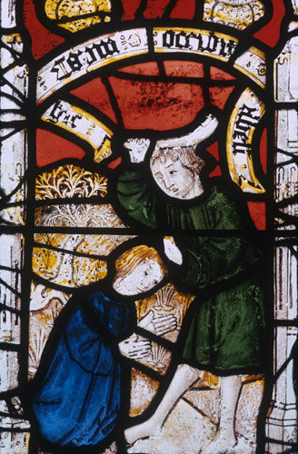 Cain murders Abel 16th century detail Creation Window St Neot Church Cornwall