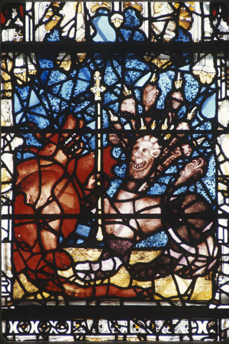 Dragon gives the sceptre to the beast, York Minister east window 15th century stained glass