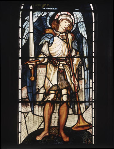 St Michael, detail, East window, designed by Edward Burne-Jones and William Morris, 1872, Church of St Michael, Forden, Wales