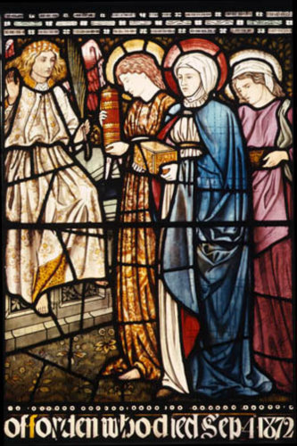 Three Maries at the empty tomb, designed by William Morris, 1872, Church of St Michael, Forden, Wales
