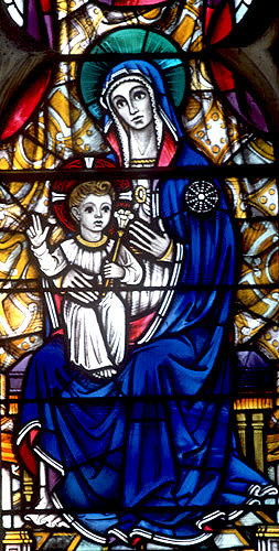 Virgin and Child, detail from east window, twentieth century, Marion Grant, Exeter Cathedral, Devon, England