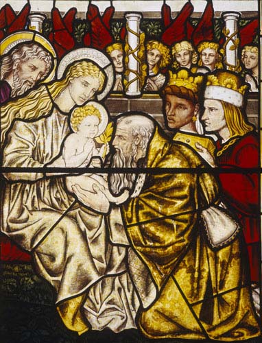 Adoration of the Kings, 19th century stained glass by Edward Burne-Jones, Church of St Nicholas, Bromham, Wiltshire, England, Great Britain