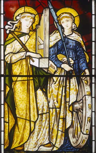 St Cecilia and St Catherine of Alexandria, 19th century stained glass by Edward Burne-Jones, Church of St Nicholas, Bromham, Wiltshire, England, Great Britain