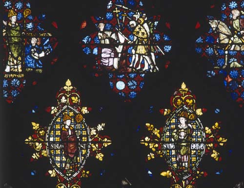 St Augustine, murder of Thomas  Becket, St Martin, St Blaise and St Wilfred, stained glass window 1330,  Christ Church Cathedral, Oxford, England