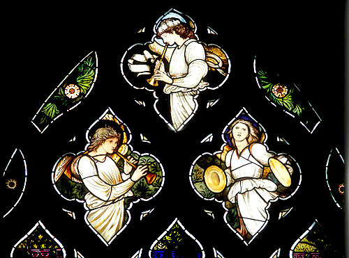 Musical angels in tracery of St Catherine window, Edward Burne-Jones, Christchurch Cathedral, Oxford, England