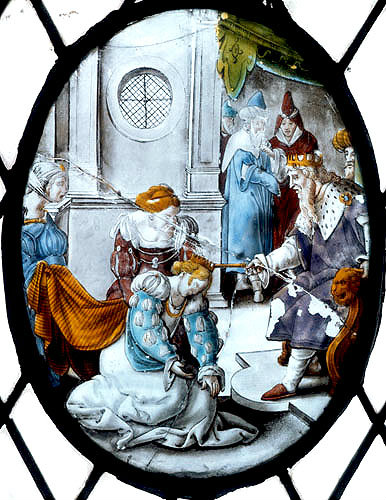 Esther with two maids before King Artaxerxes, seventeenth century Flemish oval, Old Testament Book of Esther, St Mary