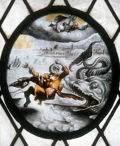 Jonah is cast onto the land by the whale, seventeenth century Flemish roundel, vestry of St Mary