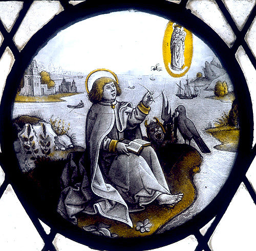 St John the Evangelist writing Book of Revelations on Patmos, seventeenth century Flemish roundel, St Mary